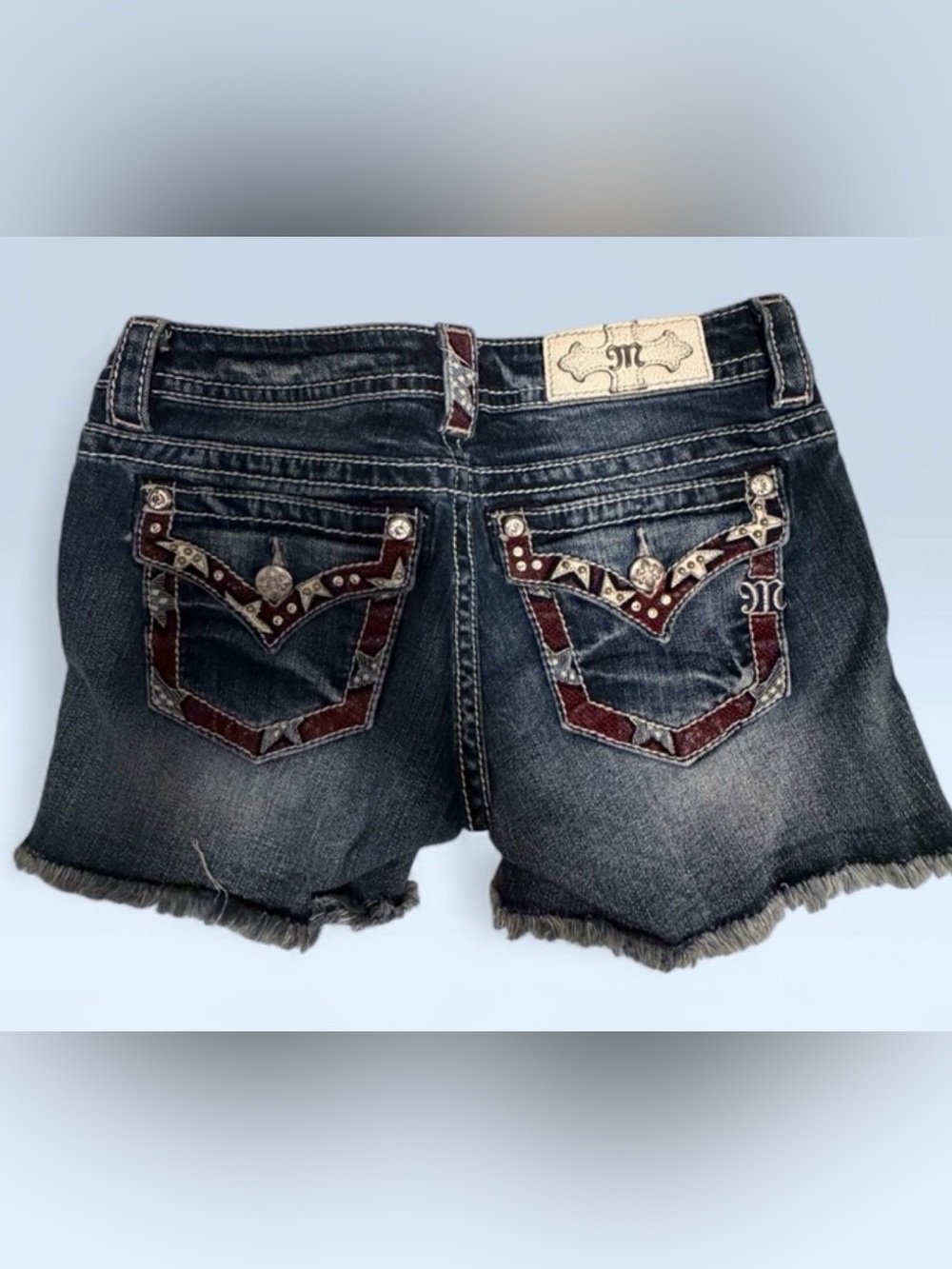 “MISS ME””Signature Dark Wash Denim Jean Shorts with Embellished Pockets - Blue - Picture 5 of 13